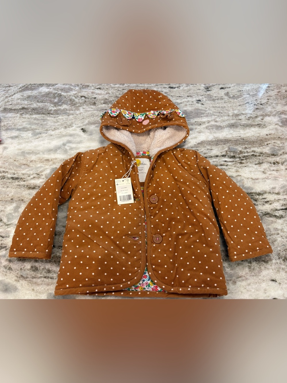 Baby Boden Hedgehog Appliqué Rust Brown Polka Dot Hooded Cord Jacket